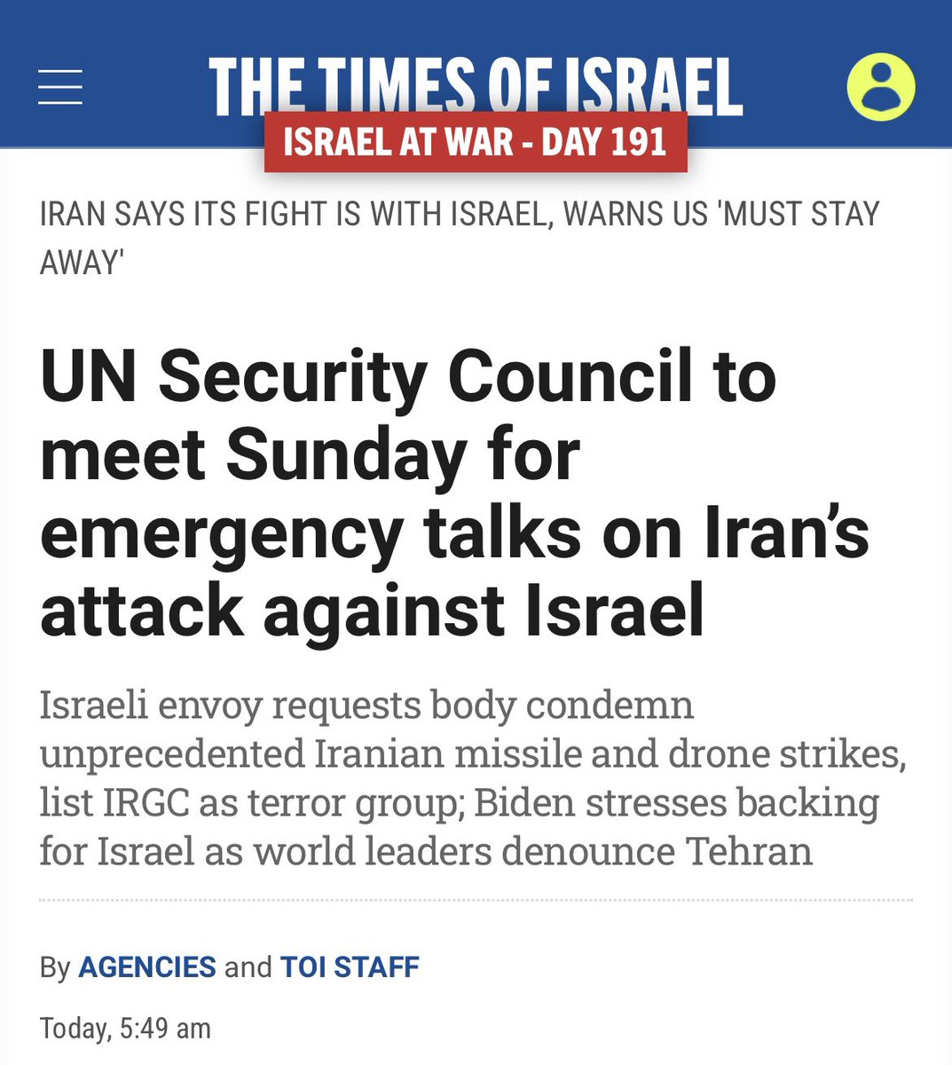 “Israeli envoy requests body condemn unprecedented Iranian missile and drone strikes.”

But John Kirby said that UNSC resolutions aren’t binding, so what’s the point? 

All these western liberal institutions are falling apart through hypocrisy… 

Also the UN is Hamas so 🤷