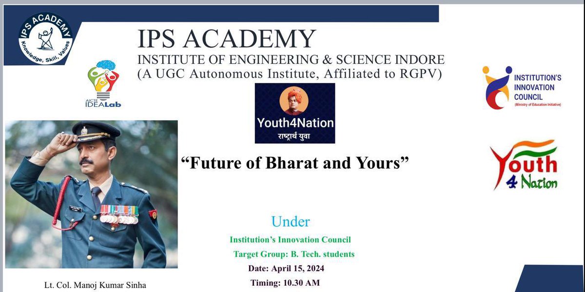 LtColManojKumar's tweet photo. Another Responsibility. At Indore. 
Thankyou IPS Academy - Institute of Engineering and Science, for the invitation to speak
on 15th April.
Looking forward 🙏😊

@ipsacademyindore #bharat #talk #jaimahakal🙏🕉 #desh #nation #rashtr #youth #students https://t.co/xdQmlX9kqr