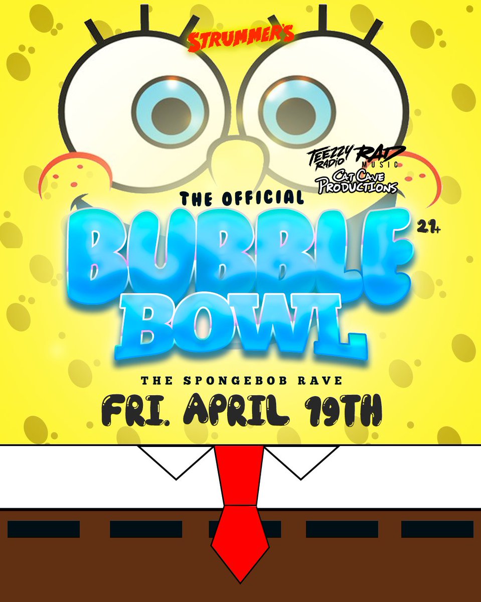 The Spongebob Rave returns to @StrummersFresno next Friday April 19th! Grab your tickets while you can 🫧 ticketweb.com/event/bubble-b… @CatCaveProd @TeezzyRadio @NumbskullShows #rad #radmusic #Spongebob #rave #fresno