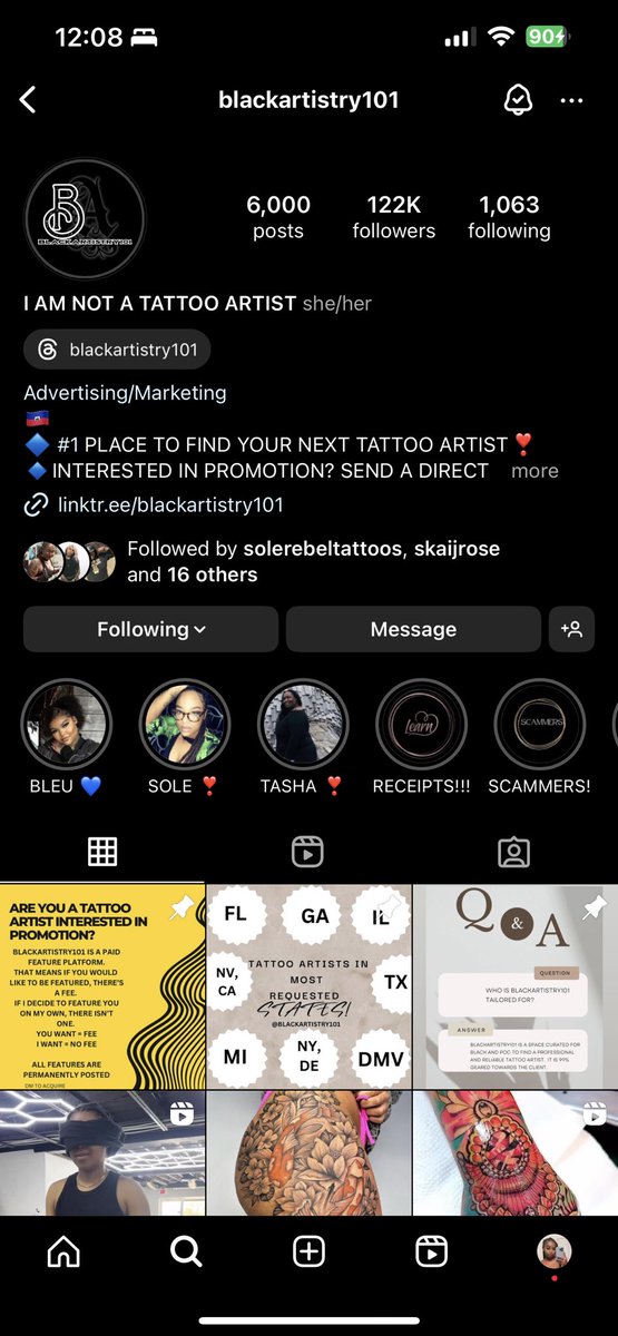 @Imani_Barbarin This page on IG is how I find black and brown tattoo artists. This page is legit and also gives tips on how to spot scammers and unsafe environments for tattooing.