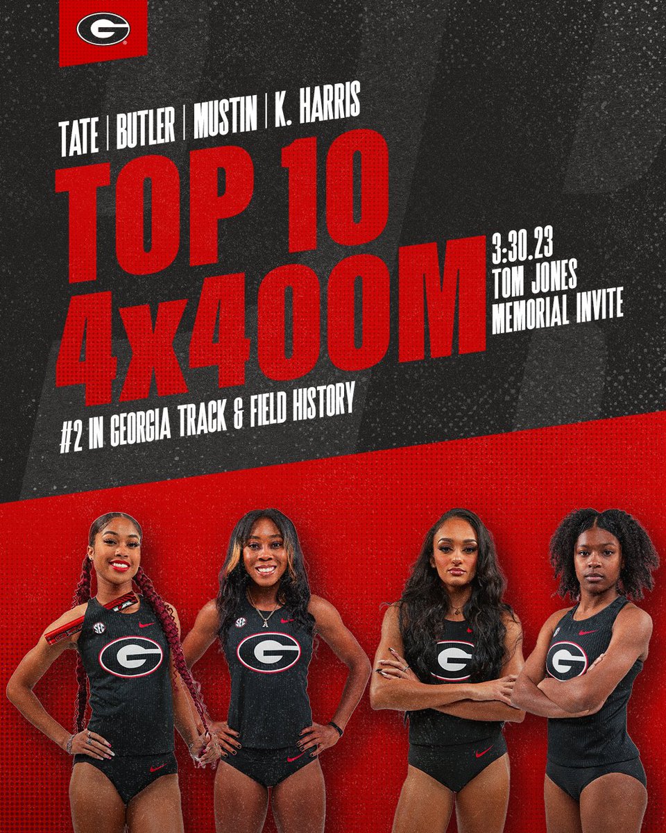 The #Dawgs continue to shake up the record books with a 3:30.23 for seventh in the 4x400m relay 💨 Tate, Butler, Mustin, and K. Harris now rank second in program history with their performance in Gainesville ❗️ #GoDawgs