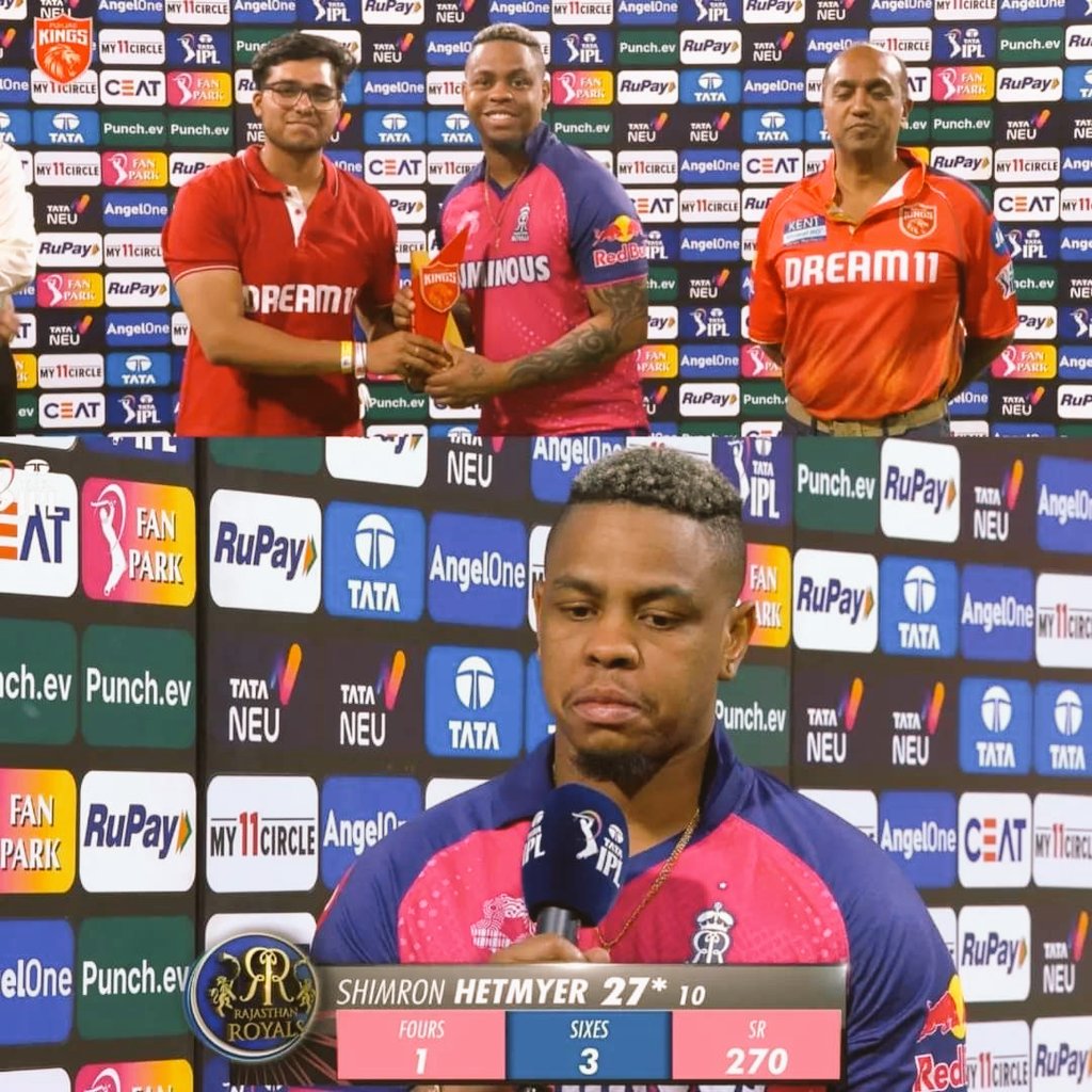 Shimron Hetmyer is the Player of the Match for his Match Winning Knock of 27*(10).
Best of luck 🤞
Congratulations 🎉👏
#IPL #IPL2024 #ShimronHetmyer #RR #PunjabKings