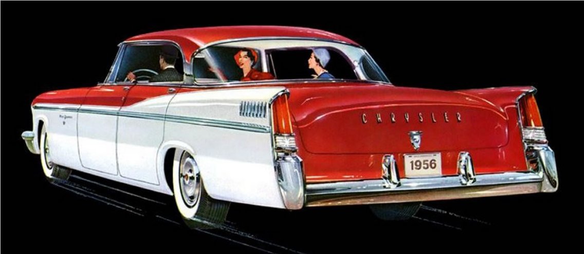She (front): 'No, we couldn't afford a Chrysler, but we consulted the Dooms Day Clock and said what the hell.' 1956 Chrysler New Yorker Newport.  #DOOMSDAY #doomsdayclock #HappyEnding #LifeIsBetter #LifeLessons