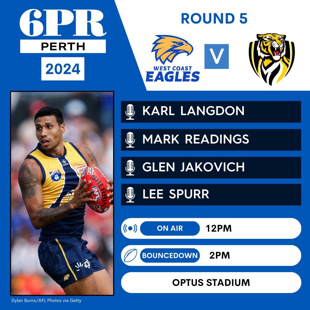 The Eagles look to climb the ladder against the Tigers with Karl Langdon, Mark Readings, Glen Jakovich and Lee Spurr LIVE from Optus Stadium - tune in to listen NOW at brnw.ch/21wINhs, via the 6PR App or on 882 AM. #AFL #Eagles #Tigers 🏉🏉🏉