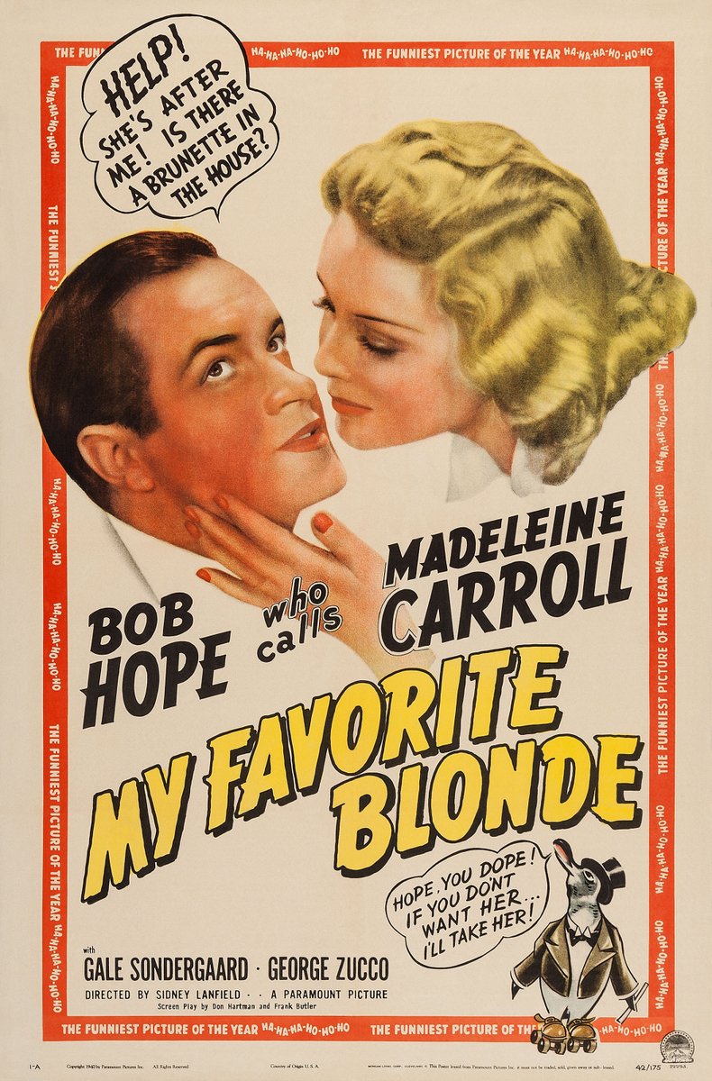 CellyNostalgie's tweet photo. Bob Hope night with:
- "My Favorite Blonde" (1942, Lanfield). With Madeleine CarrollGale Sondergaard, George Zucco &amp; more; 
-  "My Favorite Brunette" (1947, Nugent). With Dorothy Lamour, Peter Lorre, Lon Chaney Jr. &amp; more. https://t.co/r9oWVEsOtq