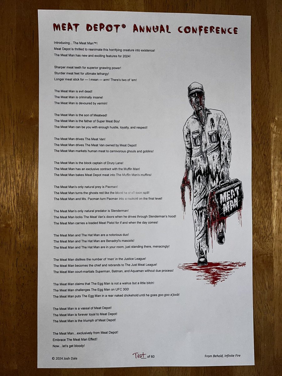 As the night of the Meat Depot Annual Conference rages into ravenous revelry, I’m thrilled to unveil this brutal broadside in support of my chapbook, BEHOLD, INFINITE FIRE. Featuring The Meat Man of course! Stay bloody…we’re cranking the amps to 666 @freqandvig @hipcandelori