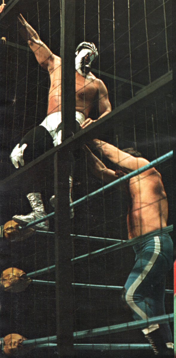 Mil Mascaras wrestling 'The Golden Greek' John Tolos for the NWA Americas title on September 24th, 1971 at the Olympic Auditorium in Los Angeles. The graphic says the match was called a 'wire fence death match'