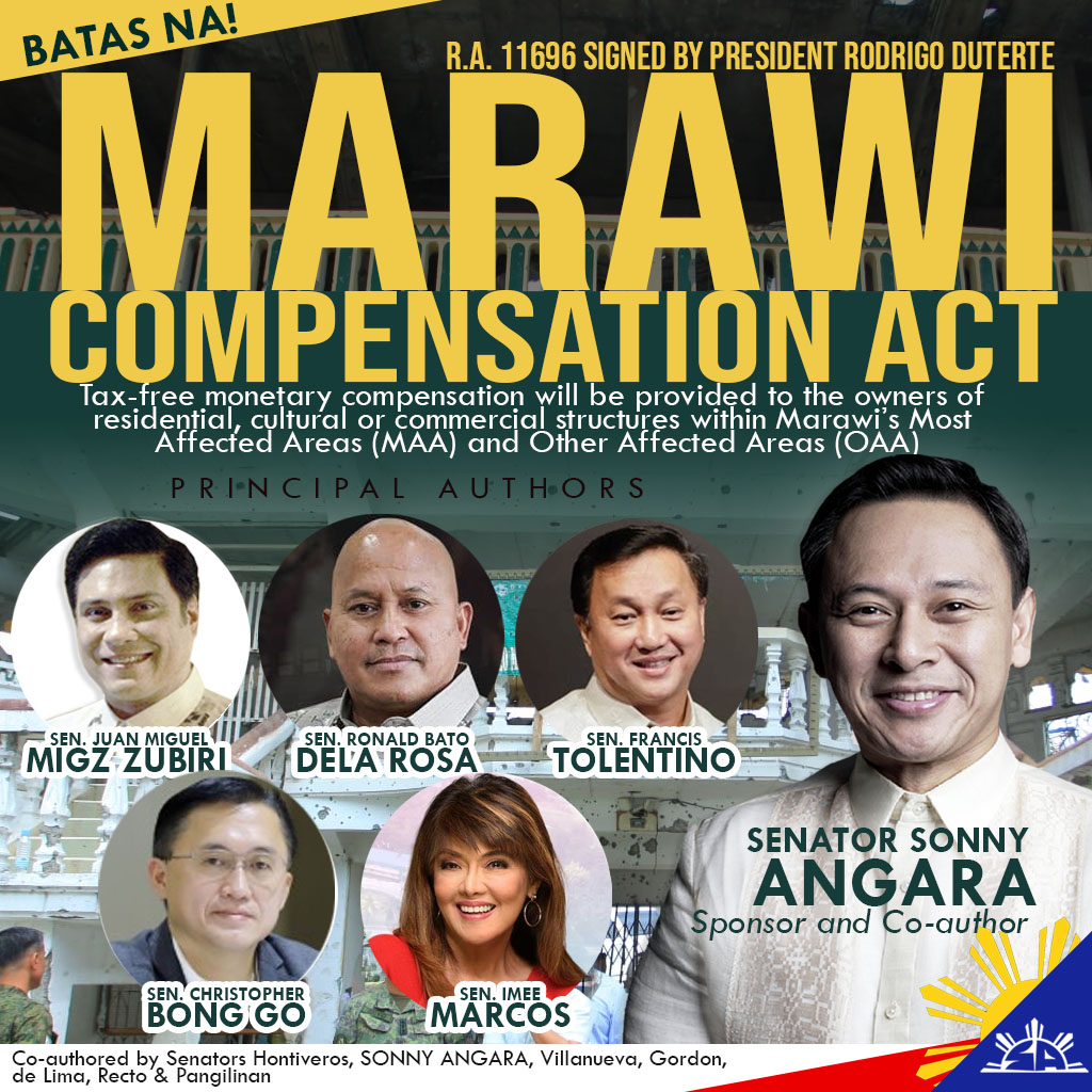 The Marawi Siege Compensation Act sponsored and co-authored by Sen. Sonny Angara was signed into law 2 years ago. Last November, the Marawi Compensation Board released its first batch of checks to families of civilians who died during the Marawi Siege. #AlagangAngara