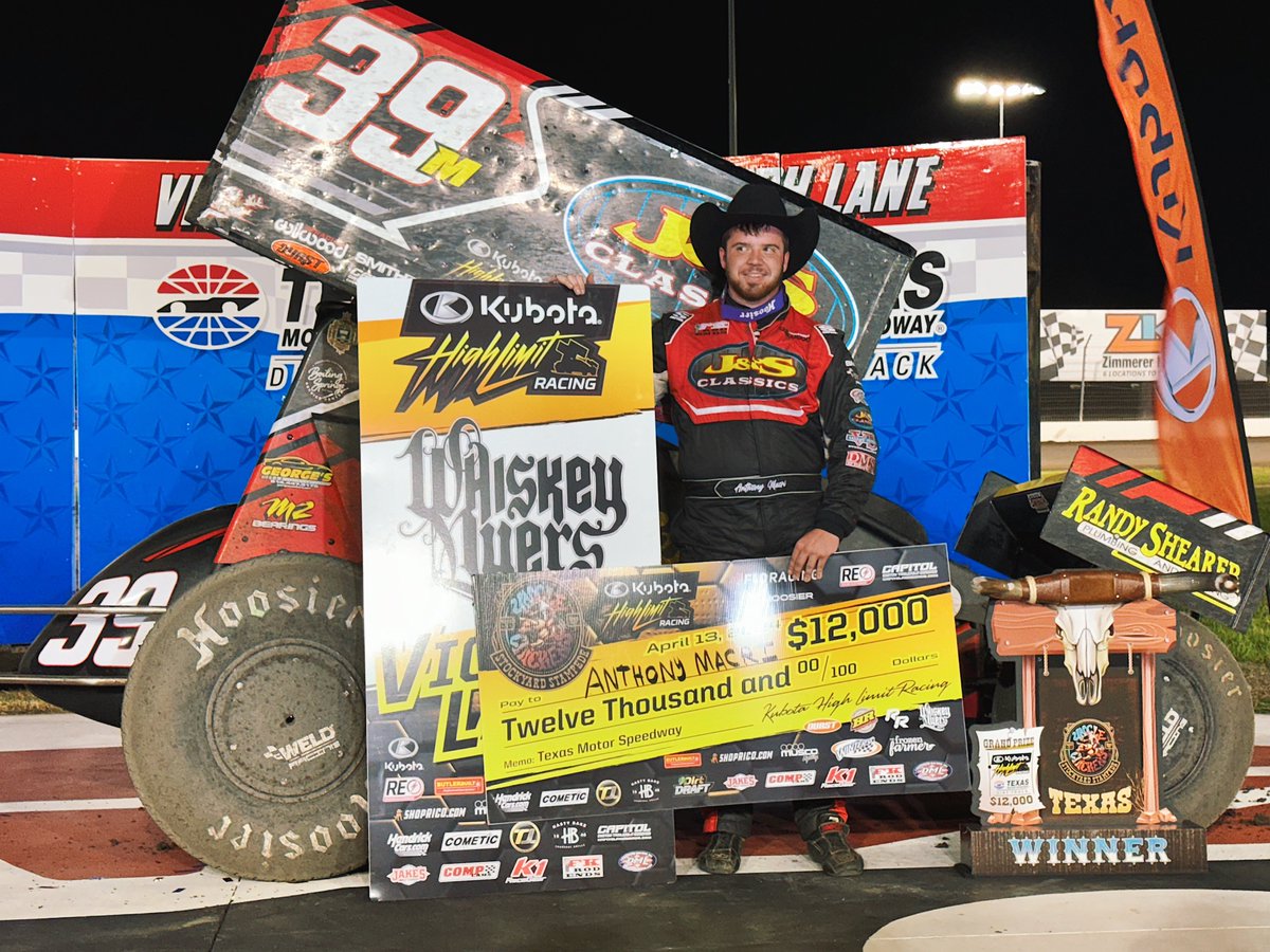 HighLimitRacing's tweet image. Tonight’s win for @AnthonyMacri7:

— 4th winner in five @Kubota_USA High Limit races this year.

— His 4th 410 win of 2024 season, most in country.

— 2nd career trip to @WhiskeyMyers Victory Lane, joining Abreu (4), Larson (4) &amp;amp; Courtney (2) as only multi-time winners with HLR.