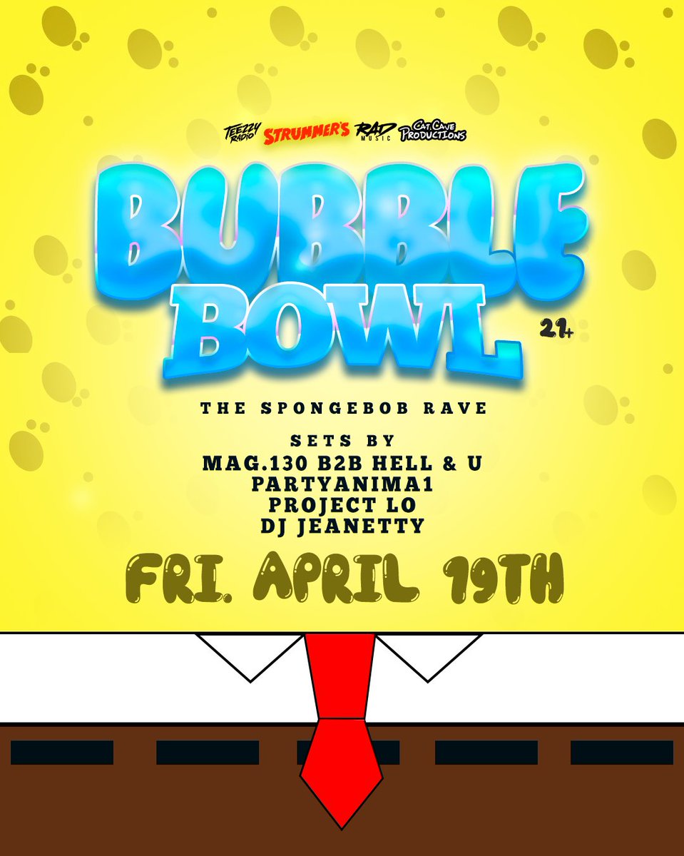 Shake your butts with us tomorrow night at @StrummersFresno 🫧 Grab tickets now: ticketweb.com/event/bubble-b… @CatCaveProd @TeezzyRadio @NumbskullShows @itspartyanima1 #rad #radmusic #fresno #Spongebob