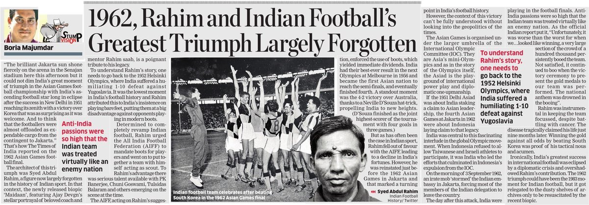 Today’s @economictimes article by @BoriaMajumdar reflects on the contribution of S.A. Rahim, immortalised by @ajaydevgn in Maidaan. A must read if you are an Indian sports fan. #Maidaan