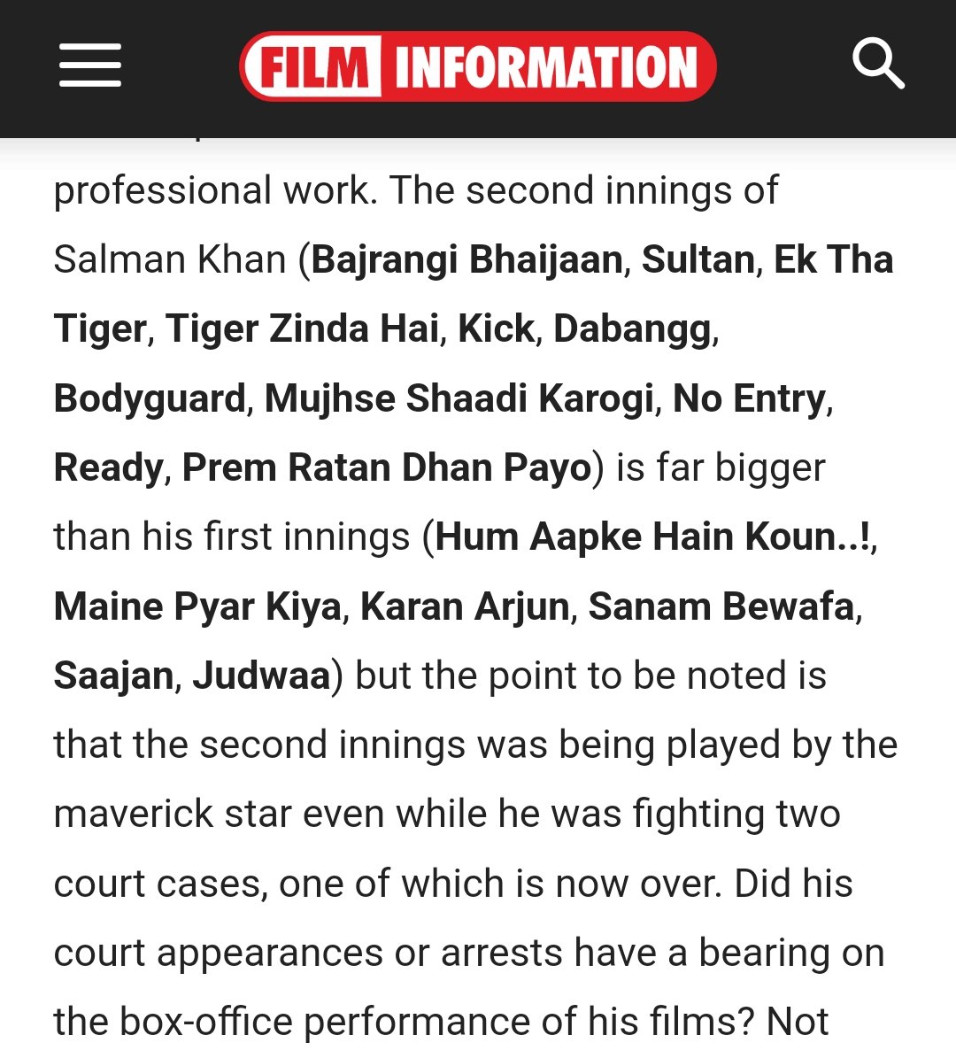 Bobbydeol45B's tweet photo. Salman Khan Blockbusters 

MPK ✅
SANAM BEWAFA ✅
SAAJAN ✅
HAHK ✅
KARAN ARJUN ✅
BIWI NO.1 ✅
HSSH ✅
NO ENTRY ✅
PARTNER ✅
DABANGG ✅
READY ✅
BODYGUARD ✅
ETT ✅
DABANGG 2 ✅
KICK ✅
PRDP  ✅
BAJRANGI BHAIJAAN ✅
SULTAN ✅
TZH ✅

Source - BOI, FI, Trade Guide. https://t.co/tOUwJqfUfr