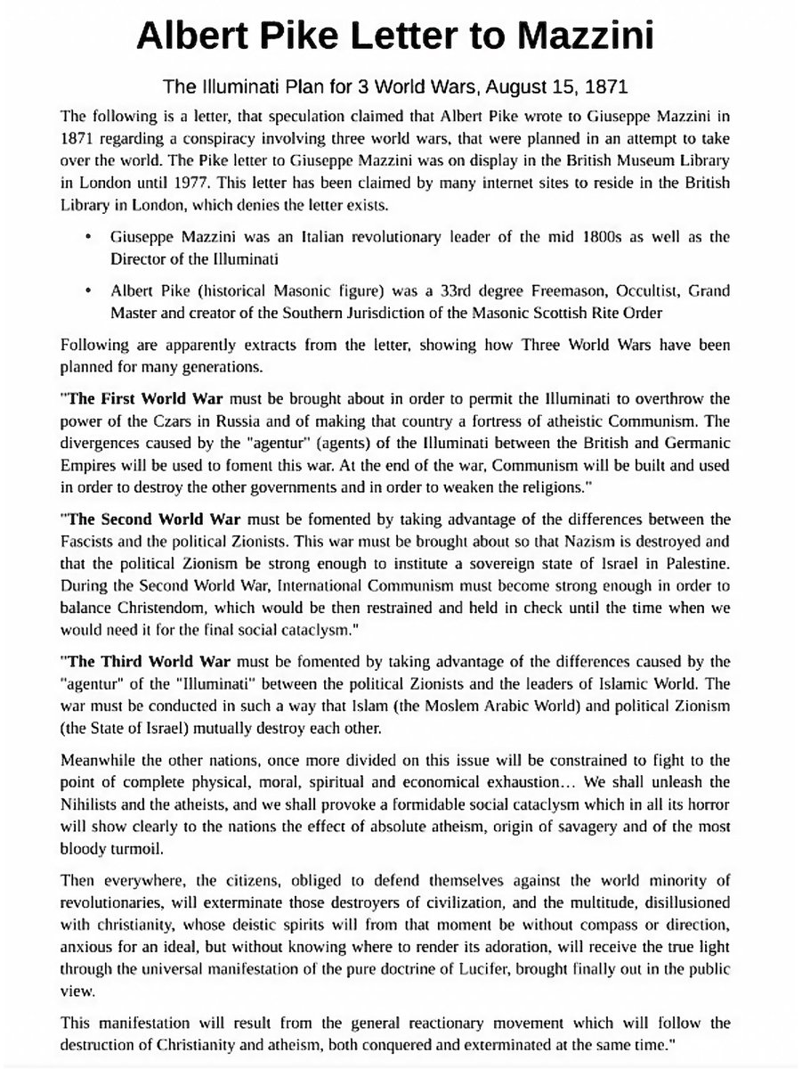 In case you didn’t already know, WW1, WW2, & WW3 (which started recently) were already planned out & scripted in detail 150+ years ago. Albert Pike explained the exact reasons for WW1 & WW2 as well as their outcomes in a letter he wrote in 1871. Insane. 😳 What did he say about…