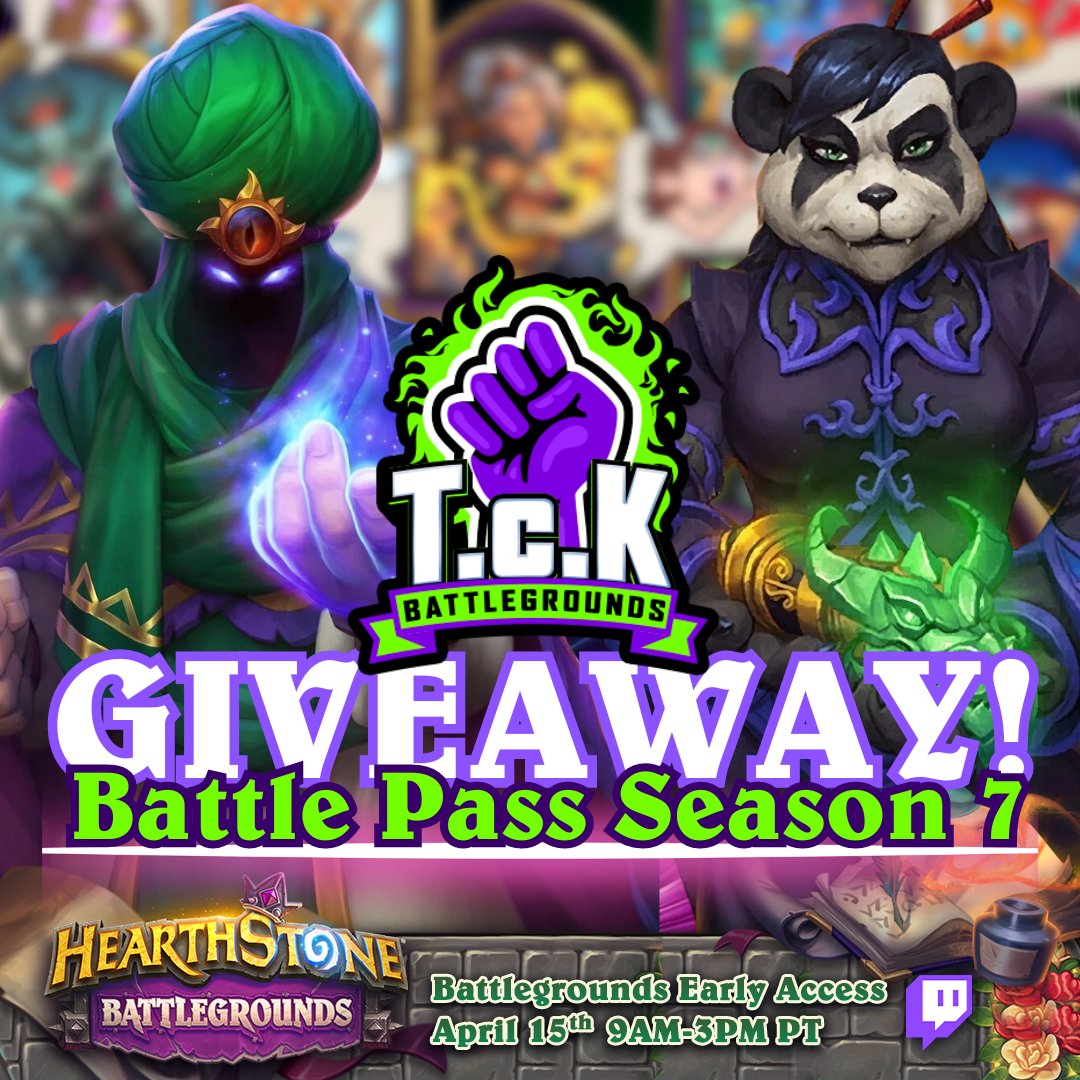 TcK_HS's tweet image. ✨GIVEAWAY✨ ¡Gana un pase de la nueva temporada de Battlegrounds, cortesía de 
@PlayHSLATAM!

Participa:
🔁 RT +💜Follow
💬Etiqueta a tu dúo

¡Acompáñanos el lunes 15 de abril probando lo nuevo de #HeartshtoneDuos! ✌️ ¡Tendremos sorteos en vivo!

💫 twitch.tv/tck_battlegrou…
