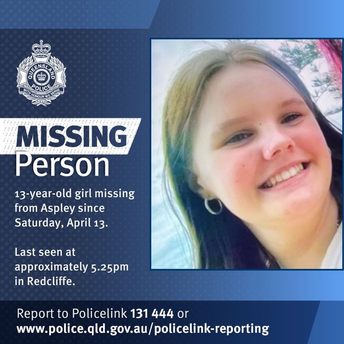 #MISSINGPERSON Australia - 13-year-old girl was last seen at approximately 5.25pm on Saturday, April 13, on Klingner Road, Redcliffe Caucasian, 165cm tall, and has black hair. She was last seen wearing a black Everlast t-shirt and ripped denim shorts.