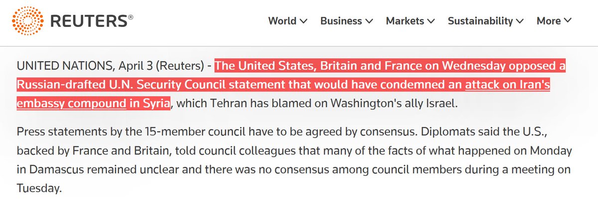 There is no end to US hypocrisy: On April 3, the US, UK, and France blocked the UN Security Council from condemning Israel's attack on Iran's embassy compound in Syria: a blatant act of war. Iran is acting in self-defense, but now the US is falsely portraying it as an aggressor.