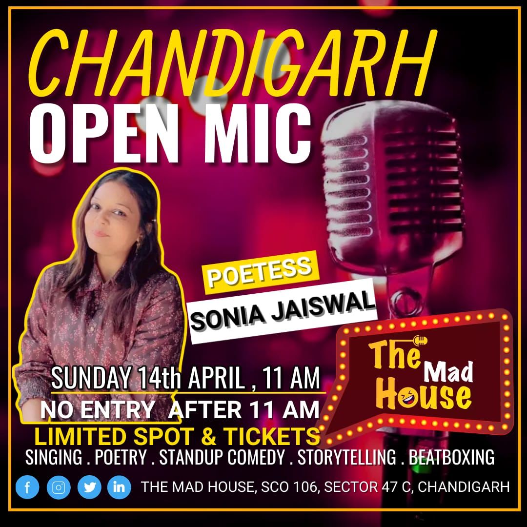 soniajaiswal091's tweet image. Friends, Life is a chance to express your innerself honestly

Today brings me an opportunity to present poems infront of lovely &amp;amp; lively people of #Chandigarh at #Open_Mic, at 11, do come to watch the performance by many other artists as well
Wil share the updates after the event