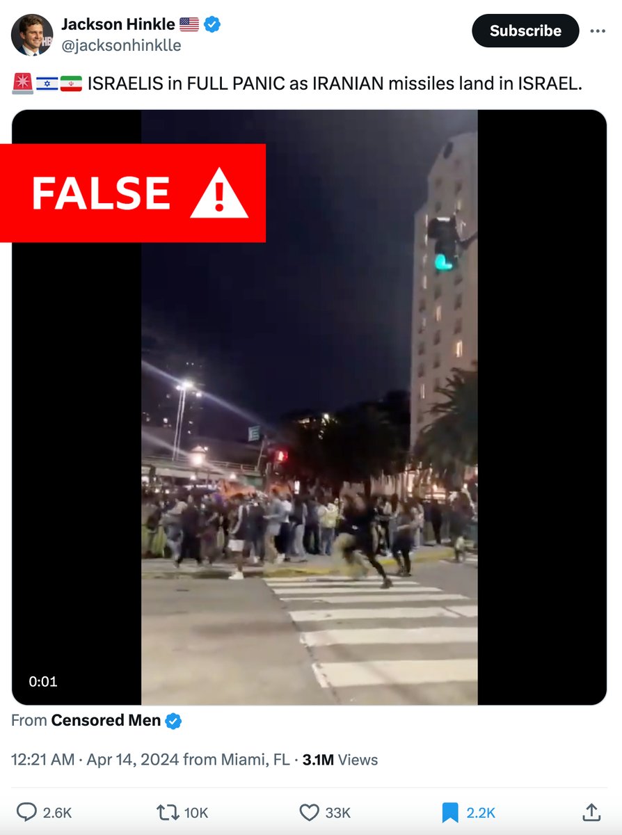 Shayan86's tweet photo. This video, posted by Jackson Hinkle and others and viewed nearly 5 million times, claims to show "Israelis panicking" as Iran's missiles and drones reach Israel.

in fact, it shows Louis Tomlinson fans near Four Seasons Hotel in Buenos Aires, Argentina last week; verified by @LGalrao.