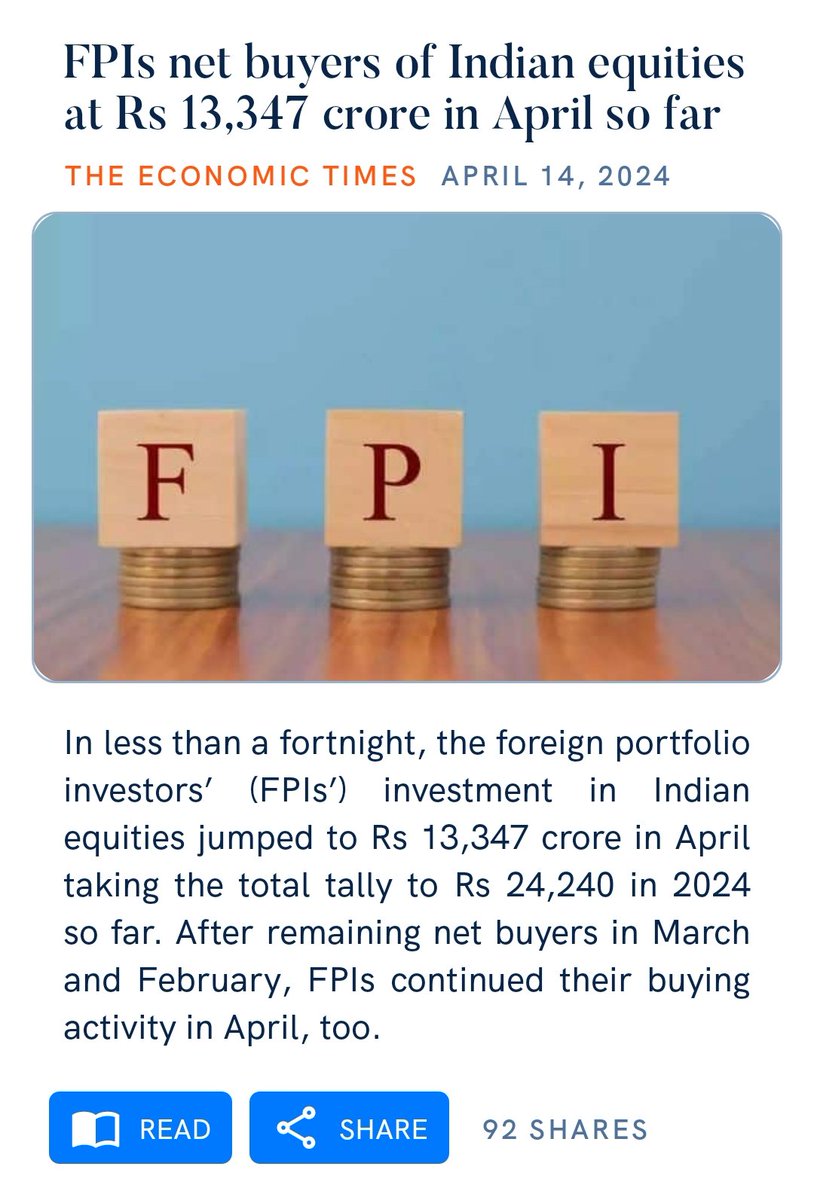 In less than a fortnight, the foreign portfolio investors’ (FPIs’) investment in Indian equities jumped to Rs 13,347 crore in April taking the total tally to Rs 24,240 in 2024 so far.
#IndianEconomy 
economictimes.indiatimes.com/markets/stocks…