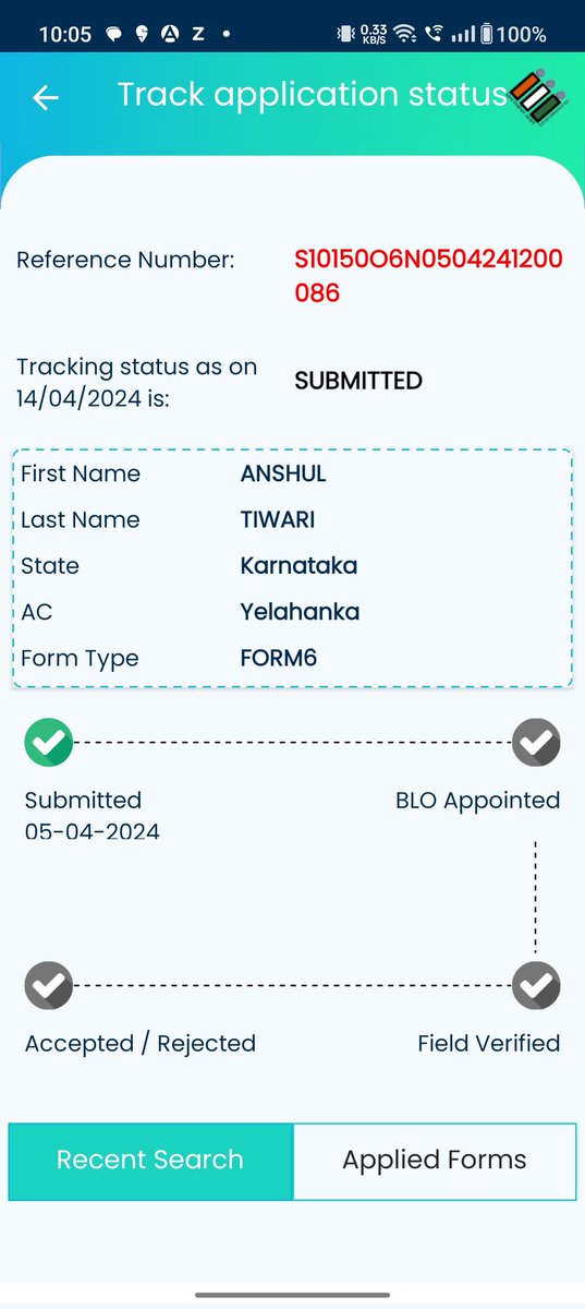 at2812's tweet photo. Dear Sir / Ma'am @ECISVEEP, I have applied for my voters card BT filling up form 6 on 5th April but the status hasn't changed. My tracking no is  S10150O6N0504241200086.
Kindly help as the voting dates for my state are very near by. https://t.co/pxojgghdlm