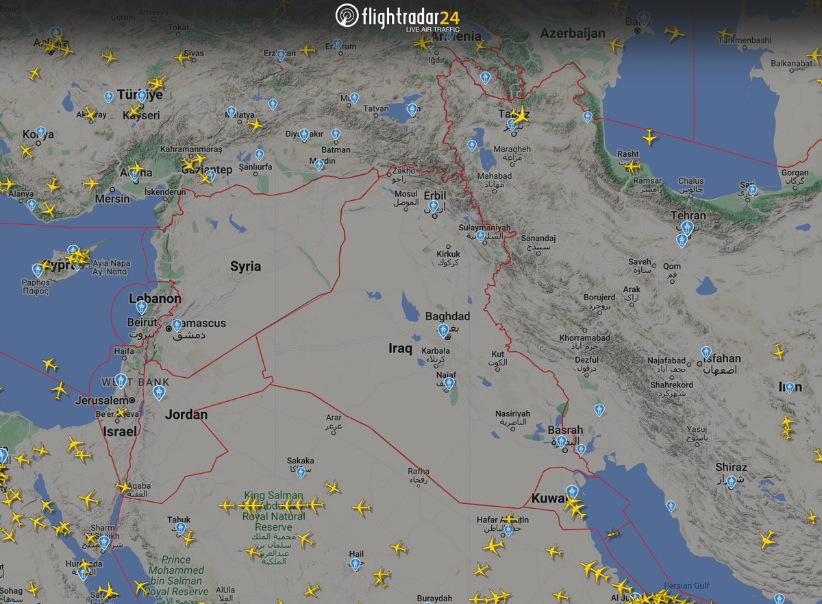 Update at 04:40 UTC time based on official NOTAMs. * Iran airspace - closed to VFR flights only. * Jordan airspace - closed until 08:00. * Iraq airspace - closed until 08:30. * Lebanon airspace - closure expired at 04:00. * Israel airspace - closure expired at 04:00.
