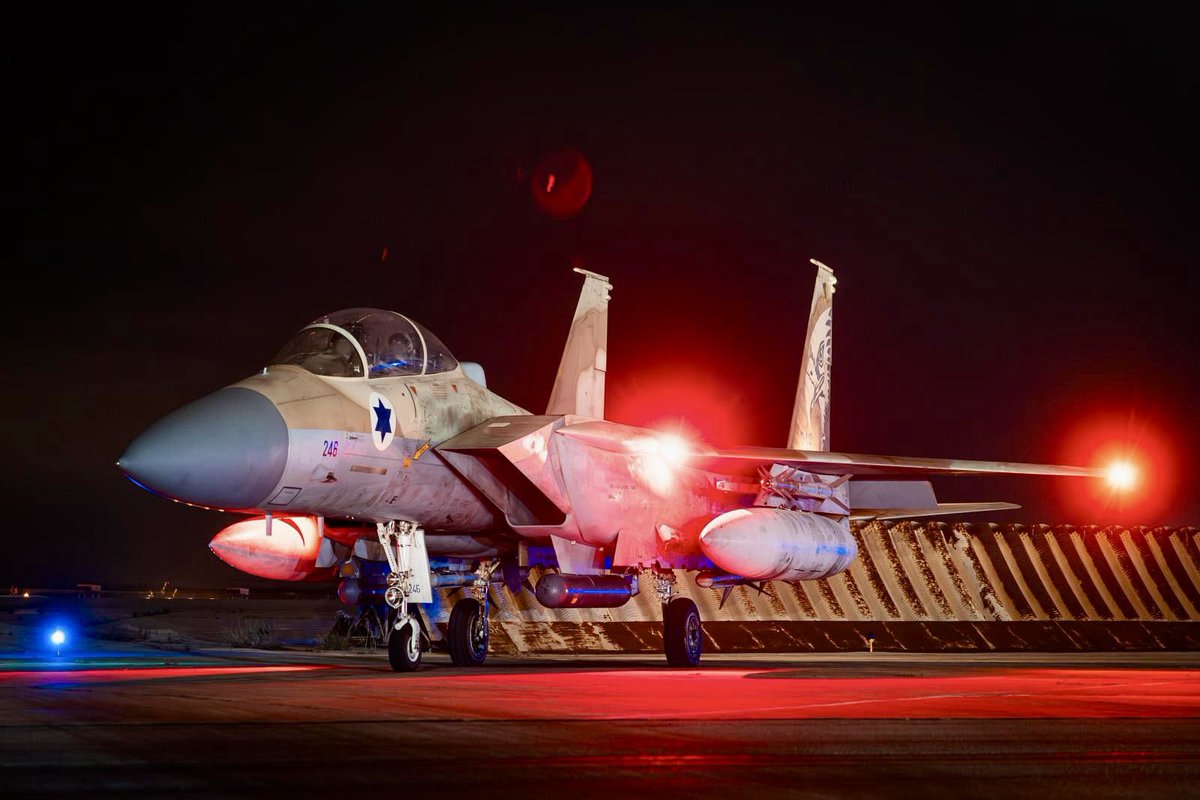 Israeli Air Force F-15I Ra'am prepared to sortie out tonight on an Iranian drone hunting mission, armed with a mix of AIM-7M Sparrows, Python 5s, and AIM-L Sidewinders.