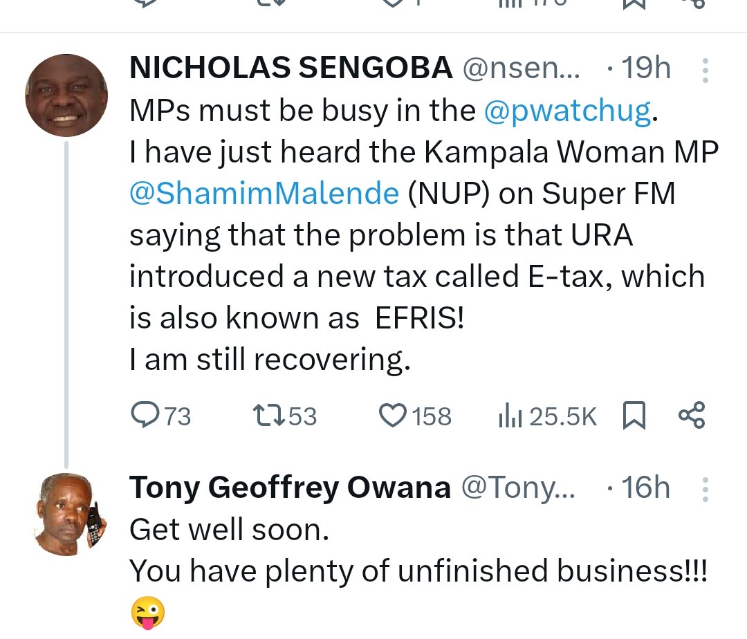 EFRIS, THE MYSTERIOUS TAX! All taxpayers wish to pay @URAuganda less but if @Parliament_Ug MPs who pass the taxes actually don't know the taxes or collection problems, hmm! A defender says this MP is 'just a lawyer not an economist', which is why Nicholas is just recovering!