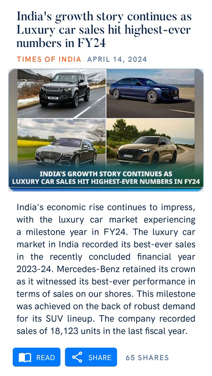 India's economic rise continues to impress, with the luxury car market experiencing a milestone year in FY24. The luxury car market in India recorded its best-ever sales in the recently concluded financial year 2023-24.
#IndianEconomy 
timesofindia.indiatimes.com/auto/news/indi…
