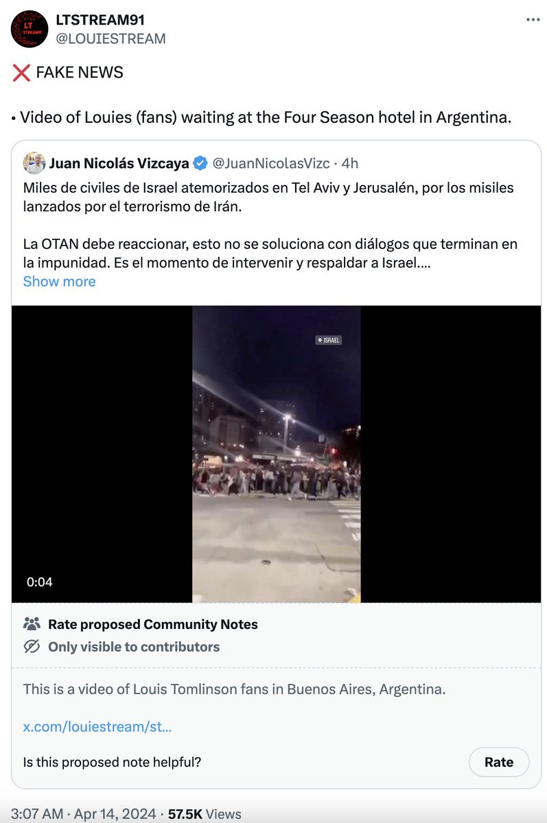 Shayan86's tweet photo. This video, posted by Jackson Hinkle and others and viewed nearly 5 million times, claims to show "Israelis panicking" as Iran's missiles and drones reach Israel.

in fact, it shows Louis Tomlinson fans near Four Seasons Hotel in Buenos Aires, Argentina last week; verified by @LGalrao.