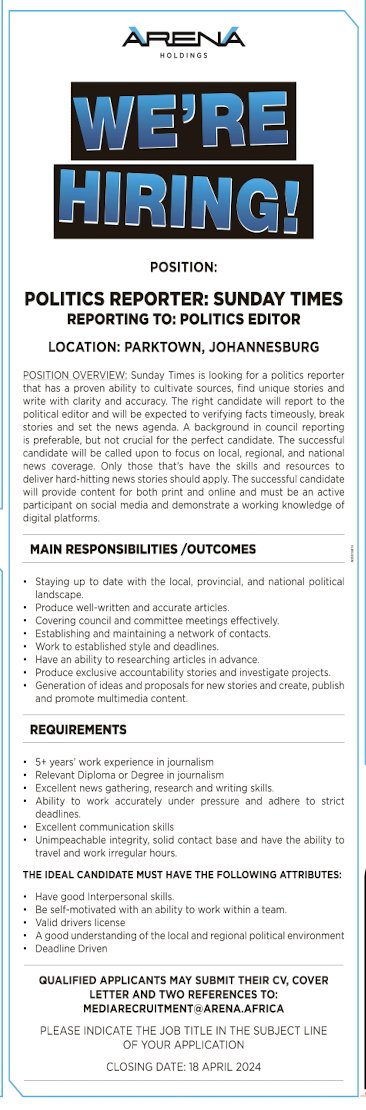 📌💻📰Vacancy Thread:  

Explore the latest job openings featured in the Sunday Times, 14 April 2024 Issue. Your RT might just be the catalyst for someone's career breakthrough!

#Yuthjobs #JobseekersSA #HireAGraduate #JobAdviceSA #JobseekersWednesday #UnemployedGraduates