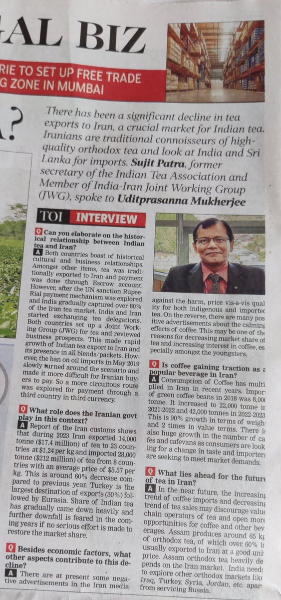 SPatra33's tweet photo. My interview with the Business Editor Mr Udit P Mukherjee in today's @timesofindia.
Request to @DoC_GoI &amp; @teaboardofindia to help #Indian #tea exporters to re-explore the Iran market &amp; make inroads into other markets.
@dgftindia @FieoHq @CimGOI @Indiantea1881 @OfficialUPASI https://t.co/vBH4UPyGru