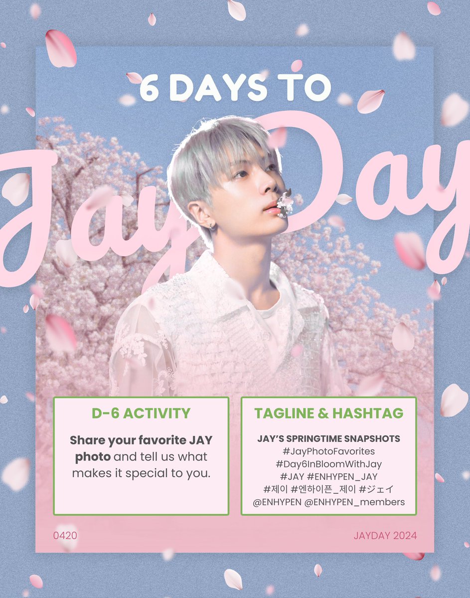 PJAYVOTINGTEAM's tweet photo. [D-6]

6 days before his birthday! Drop your favorite JAY photo! 🖼️

JAY'S SPRINGTIME SNAPSHOTS
#JayPhotoFavorites
#Day6InBloomWithJay
#JAY #ENHYPEN_JAY #제이 #엔하이픈_제이 @ENHYPEN @ENHYPEN_members https://t.co/SRe21NAcdc
