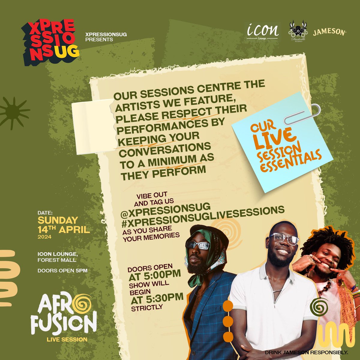 If you and your squad have secured your tickets to our show this evening, here are our #XpressionsUGLiveSessions essentials 📝

We’re all gathered to celebrate the best in fresh new wave 🇺🇬 talent so let us ensure that happens 🚀

20k  🎫 shorturl.at/IPR02 until 4pm!!