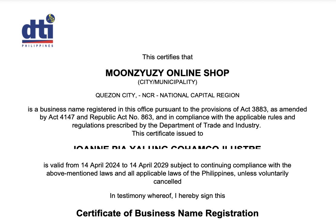 Moonzyuzy is ✅ dti registered (๑'ᵕ'๑)⸝* my 🍊is on break while I fix my bir and stuff. Since I’m already bir registered as a professional, I need to update my cor to include online selling. Madugo but let’s do this🌟