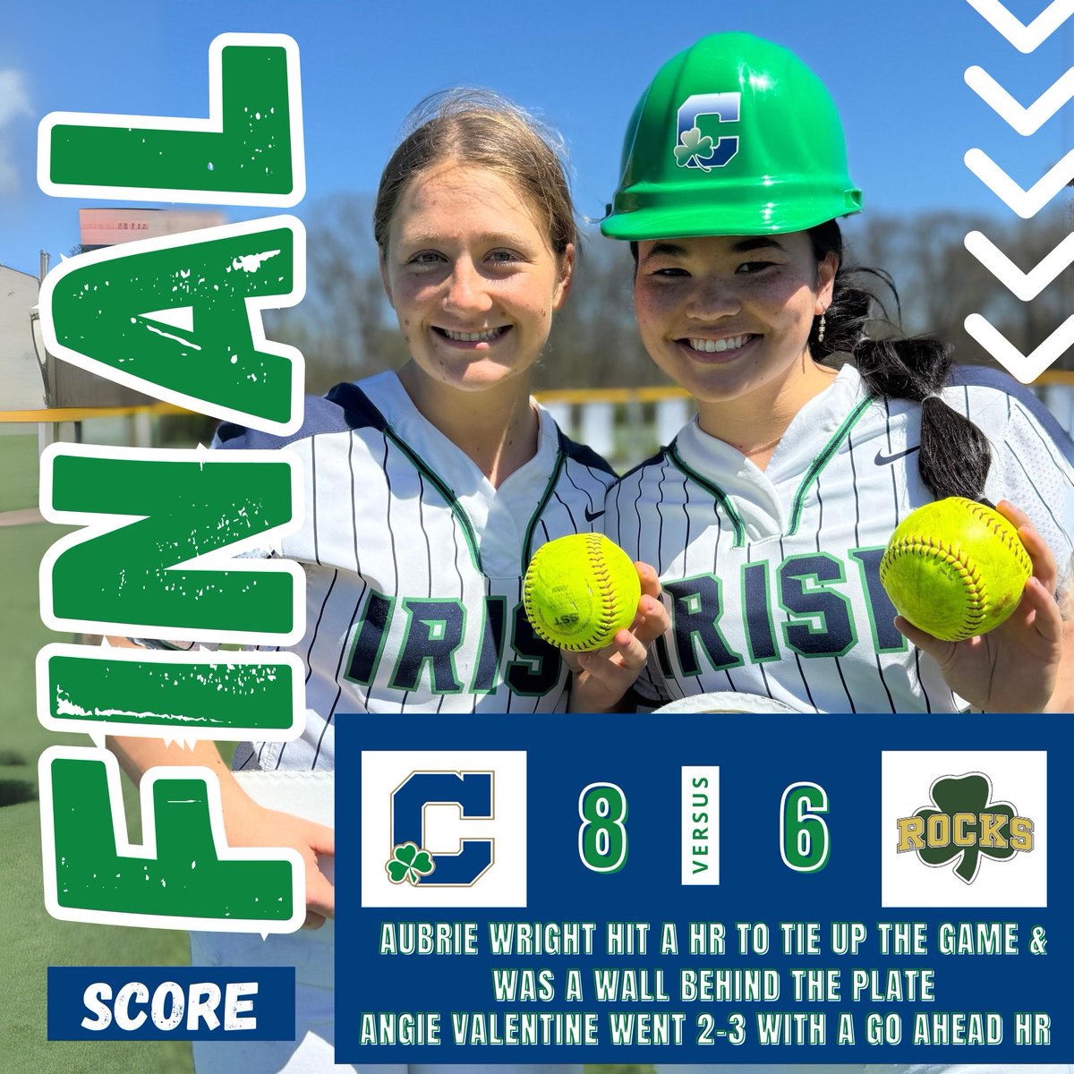 Irish bounce back with a thrilling victory over the Rocks! ⁦<a href="/_angela3_3/">Angela Valentine</a>⁩ with the game-winning 2-run homer in the 6th followed by a double play at 3rd to end the game! ⁦<a href="/_aubriewright_/">Aubrie Wright</a>⁩ set the stage with her game-tying HR in the 5th. Team win #8☘️