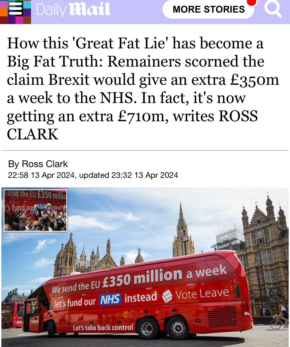 Brexit defence goes into overdrive! The Mail defends Brexit with a bold claim about the Brexit bus pledge being over delivered! They also fail to mention the enormous covid fraud and that the NHS also lost staff, like farming, thanks to brexit. dailymail.co.uk/debate/article…