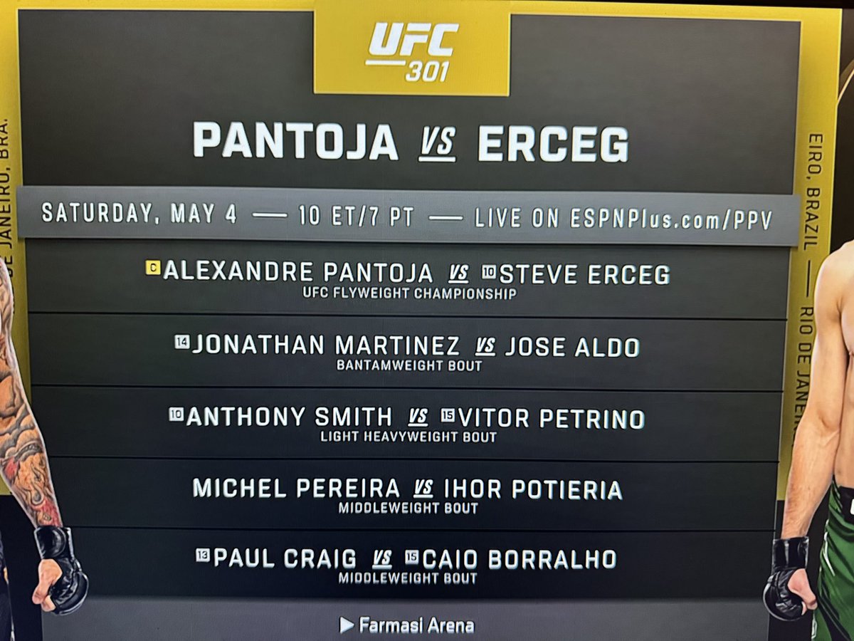 Here’s the #UFC301 main card. Quite a difference from #UFC300 tonight :)