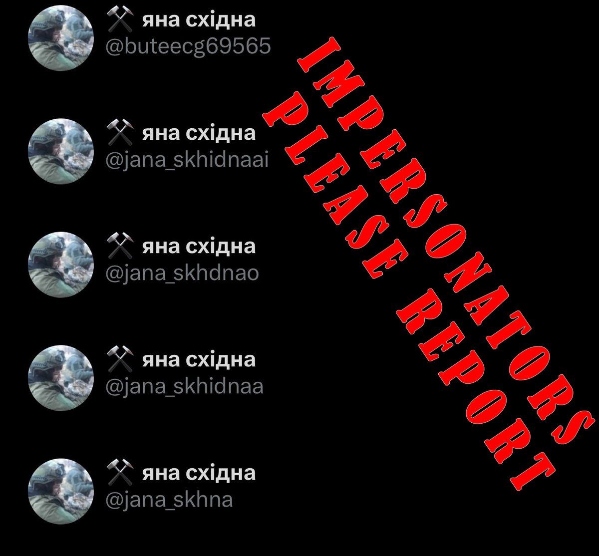 Scammers are targeting a volunteer helping Ukraine

Real account✅ @jana_skhidna
 
Impersonators please report:
❌@ buteecg69565
user_ID : 1771507474748620800
twitter.com/i/user/1771507…

❌@ jana_skhidnaai
user_ID : 1757881820547264512
twitter.com/i/user/1757881…

#NAFOworks
continued..