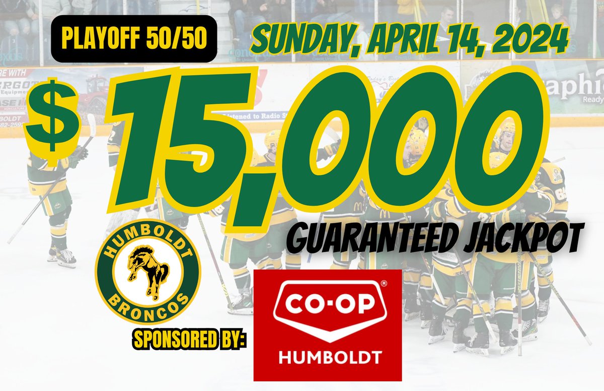 PLAYOFF GAME DAY 50/50 is now online Jackpot is a guaranteed $15,000 sponsored by @HumboldtCoop Buy your tickets here sk.tap5050.com/apex/f?p=127:P…
