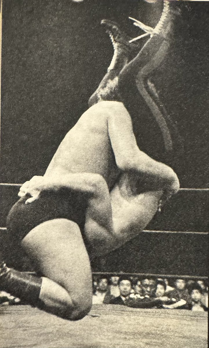 From early 1972 in IWE, Monster Rousimoff hits Baron Von Raschke with what the magazine calls a “jumping piledriver”, but what is later known as the “tombstone piledriver”