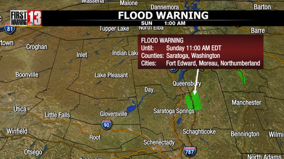 A flood warning has been issued for the areas in green. Go to NewsChannel13 for the latest.