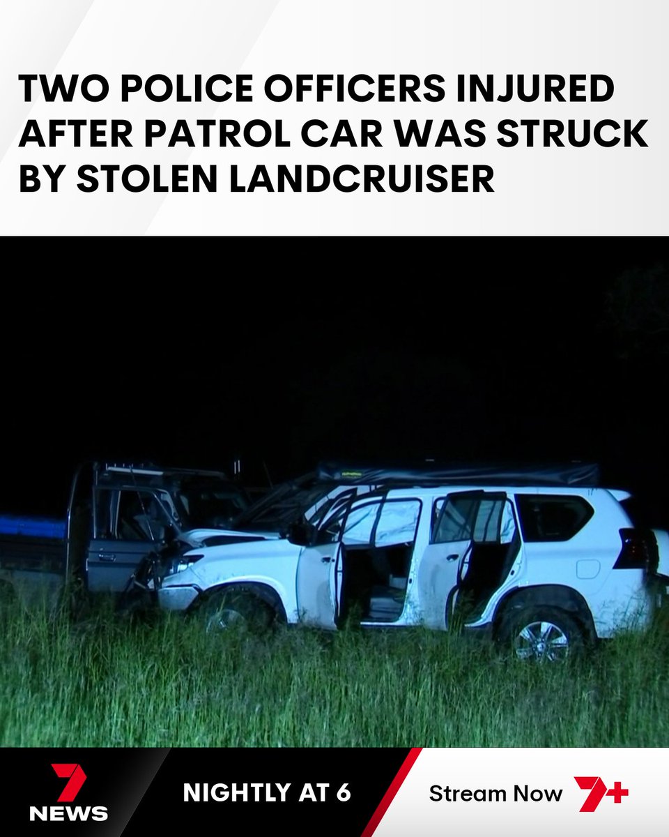 Two police officers are recovering in hospital in Rockhampton after their patrol car was struck by a stolen Landcruiser. Officers say the vehicle was driving on the wrong side of the road when it collided with police on Saturday night. 7NEWS.com.au #7NEWS