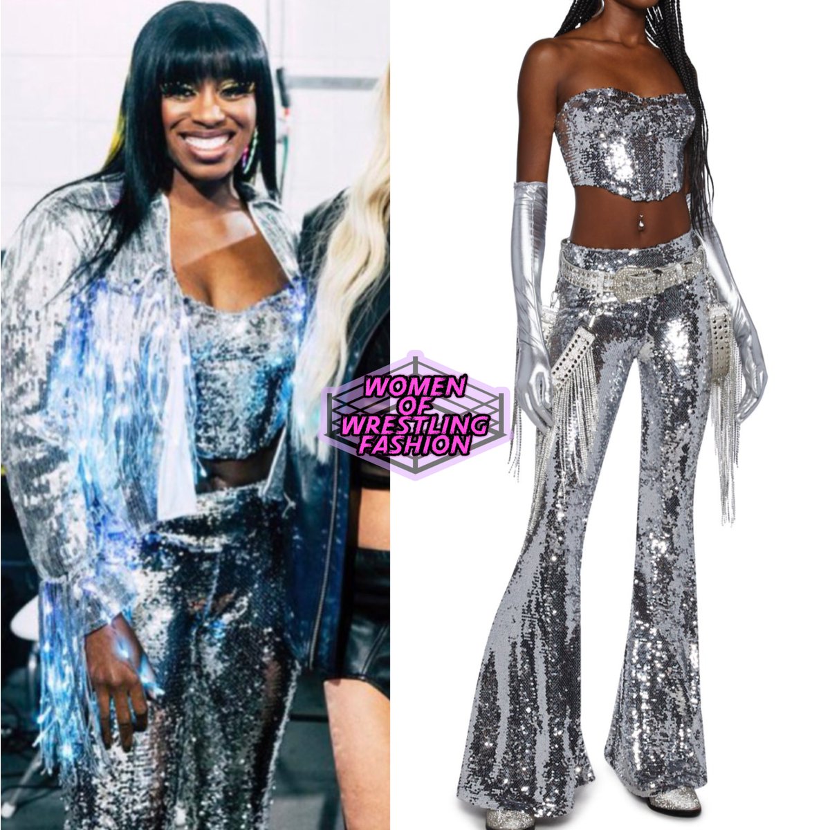 WmenWrstlinFash's tweet photo. .@TheTrinity_Fatu wears the Mirror Ball Dancer Bustier Top ($24 - on sale) & Mirror Ball Dancer Flare Pants ($52 - on sale) from #ClubExx https://t.co/43jkzdJwu3