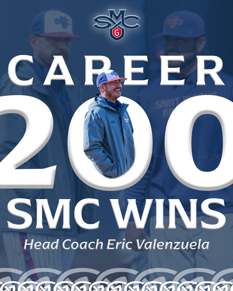 SMC_Baseball's tweet photo. Well done Coach V 🫡

Congratulations to Head Coach Eric Valenzuela, who has just earned his 200th career win as a Gael and his 300th career win! We’re glad to have you back Coach 👏

#GaelsRise https://t.co/3qOE4ly9qy