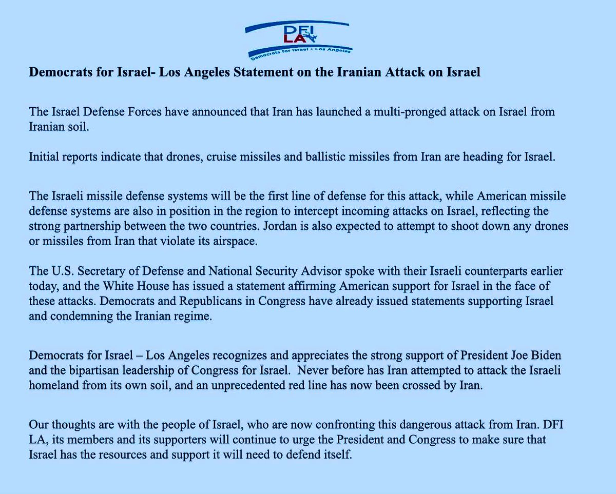 Democrats for Israel -Los Angeles  statement on the Iranian Attack on Israel 
#westandwithisrael #democratsforIsrael #IsraelUnderAttack  #israel #AmYisraelChai 
🇺🇸💙🇮🇱