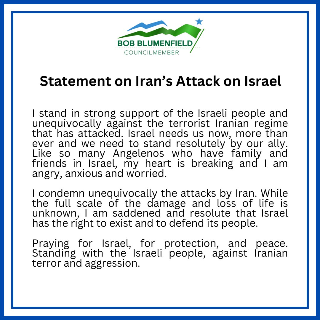 I stand in strong support of the Israeli people and unequivocally against the terrorist Iranian regime that has attacked. Praying for @Israel, for protection, and peace. Standing with the Israeli people, against Iranian terror and aggression.