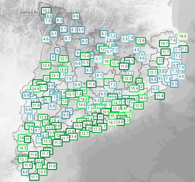 🌡️Bon diumenge! Temperatures actuals (ºC): Barcelona 15/18, Tarragona 15, Girona 7, Lleida 10, Figueres 13, Vic 7, Das 3, Alguaire 15, Reus 14, Ulldecona 10, Cerdanyola del Vallès 16, Lloret de Mar 14 i Castelldefels 16.