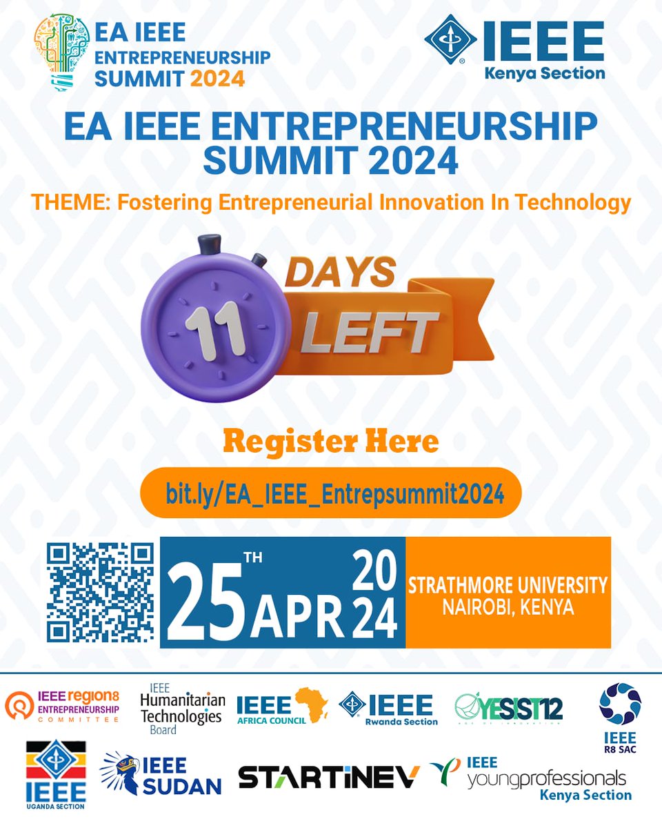 🎟 Grab Your Early Bird Tickets before April 15th, Monday:
bit.ly/EA_IEEE_Entrep…

📅 :April 25th, 2024.
📌 : Summit: Strathmore.
📌Cocktail: Capital Club.

🌐 africaieeeentsummit.com