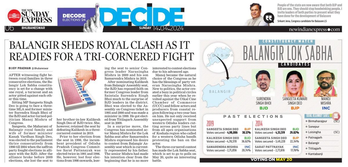 A three-cornered contest in #Balangir has made the Lok Sabha seat, which is set to go to polls on May 20, quite an interesting battle | writes @Bijoy_TNIE | #Odisha @NewIndianXpress @santwana99 @Siba_TNIE newindianexpress.com/states/odisha/…