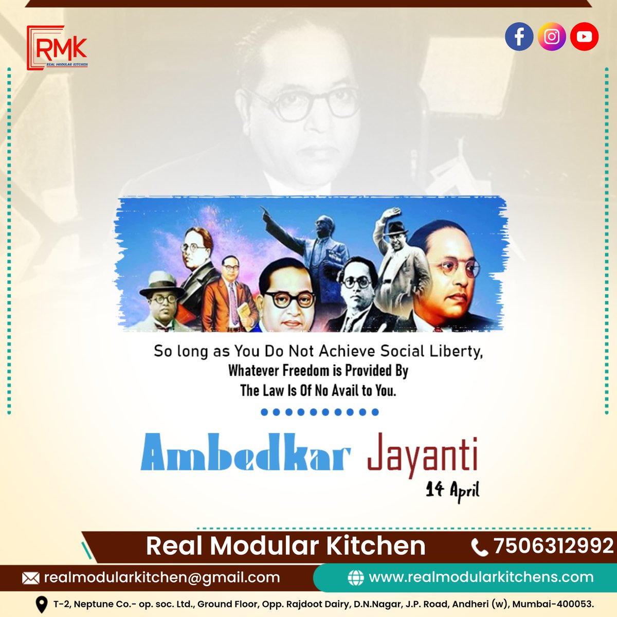 RealModular's tweet image. &quot;Join us in celebrating the legacy of Dr. B.R. Ambedkar on his birth anniversary, Ambedkar Jayanti! 🌟 Real Modular Kitchen Andheri extends heartfelt wishes to everyone on this significant occasion. 🙏 #AmbedkarJayanti #Equality #Inspiration&quot;